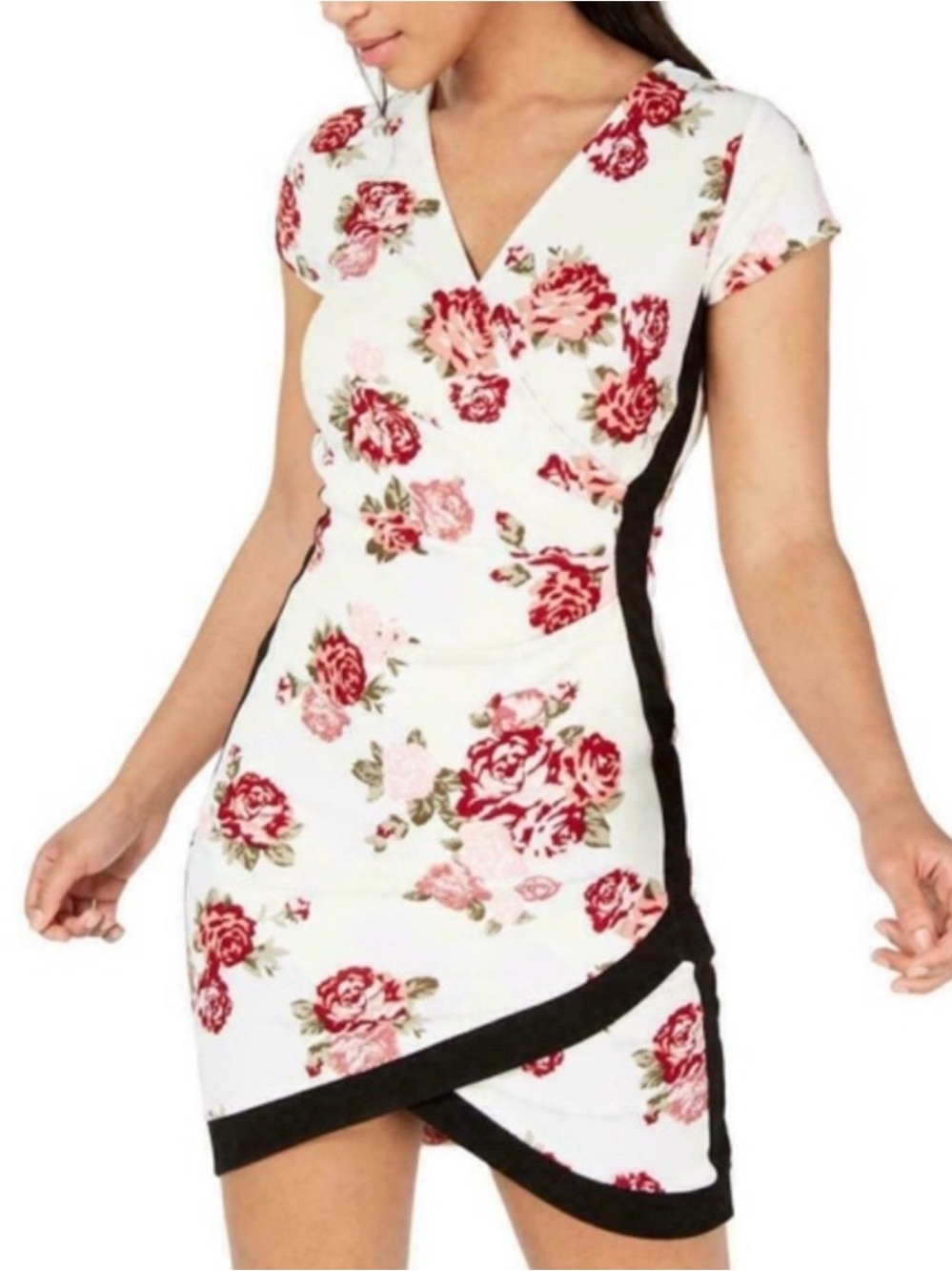 Almost Famous White Floral Wrap-Style Mini Dress with Black Trim *NWT